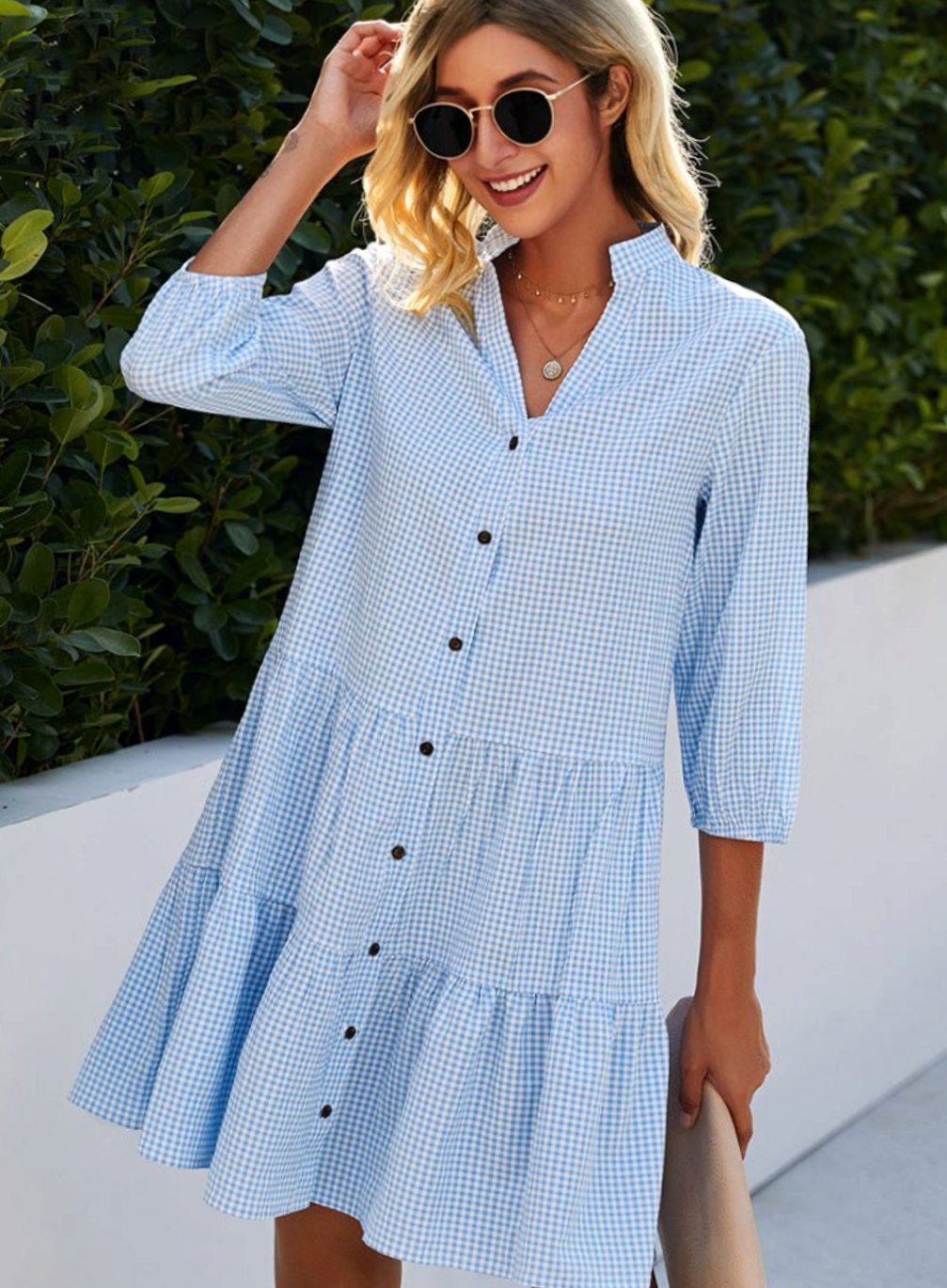 Women's Gingham Button-Down Tiered Ruffle Hem Shirt Dress - Blue