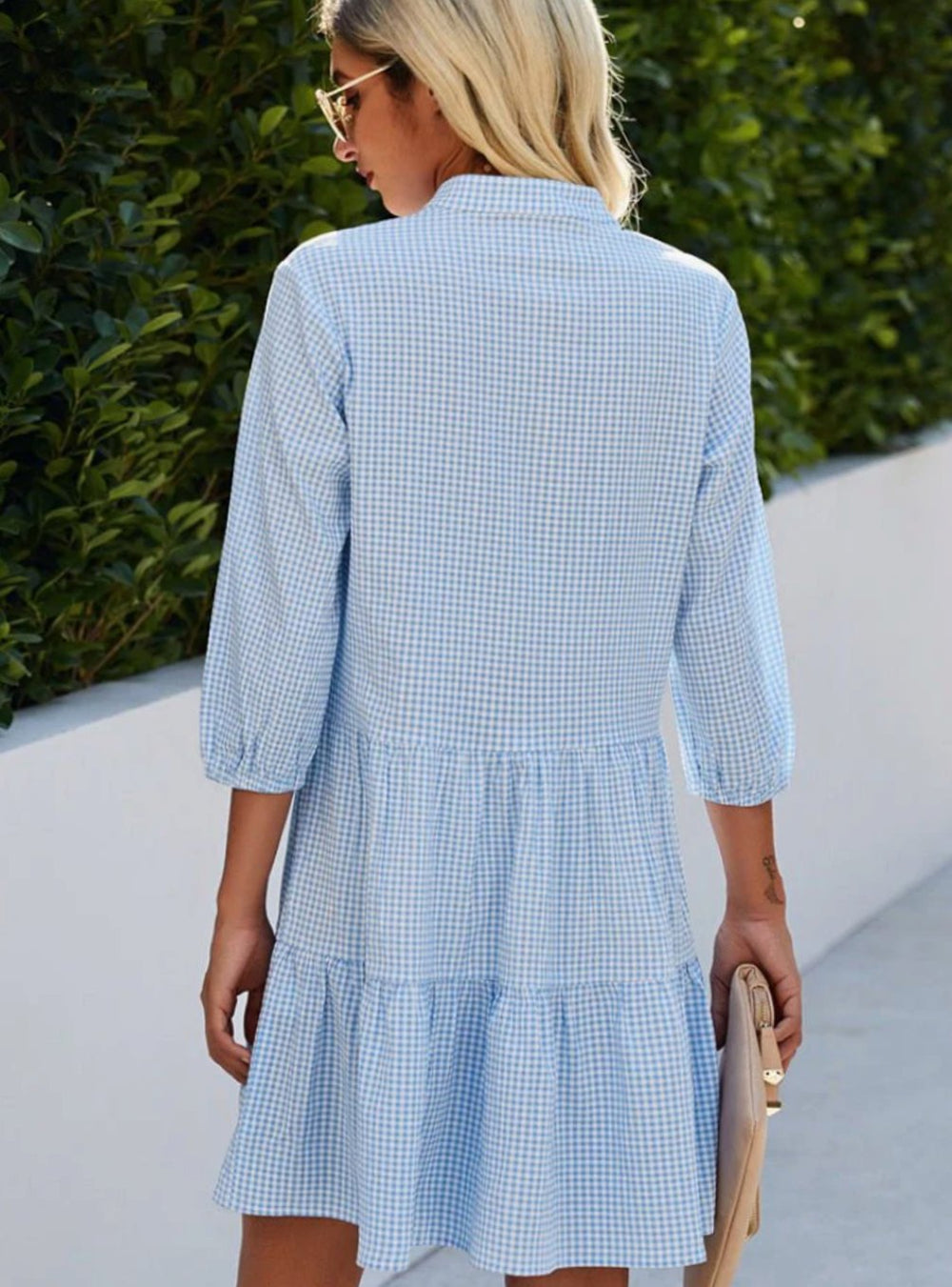 Women's Gingham Button-Down Tiered Ruffle Hem Shirt Dress