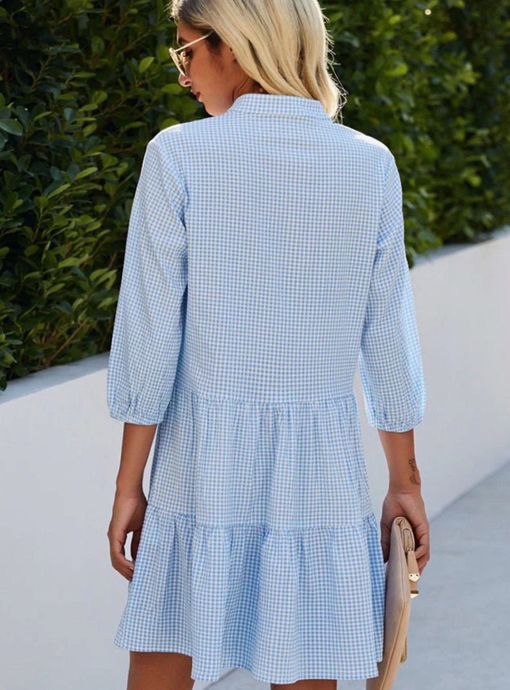 Women's Gingham Button-Down Tiered Ruffle Hem Shirt Dress