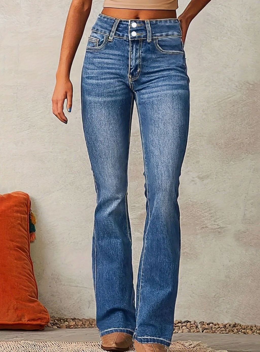 Women's High-Rise Flare Bootcut Pants Wide-Leg Denim Jeans - Sea Blue