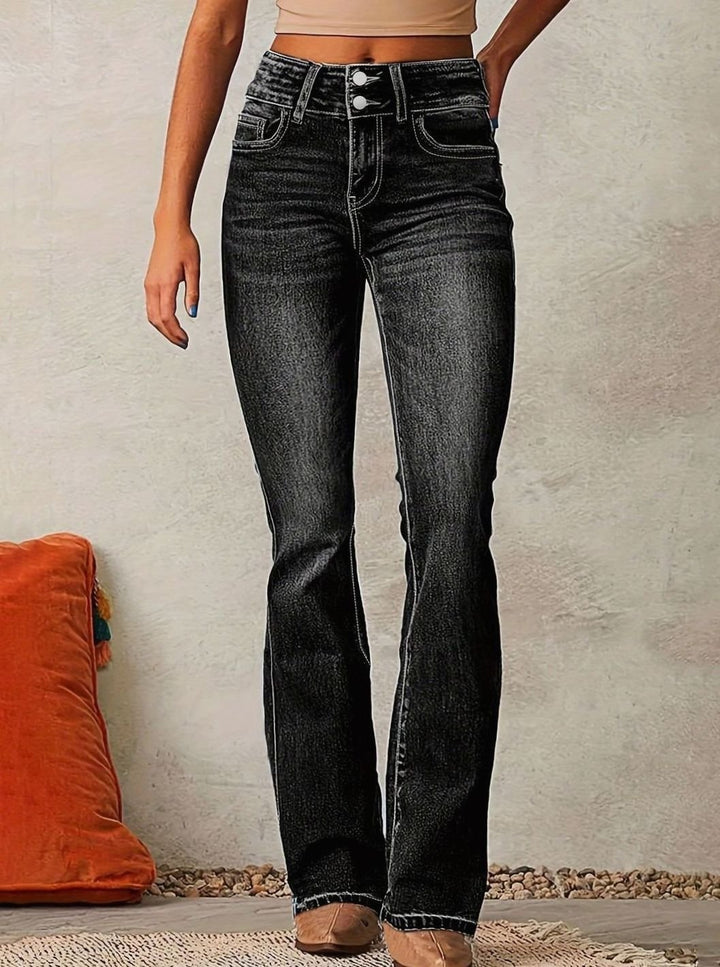 Women's High-Rise Flare Bootcut Pants Wide-Leg Denim Jeans - Black