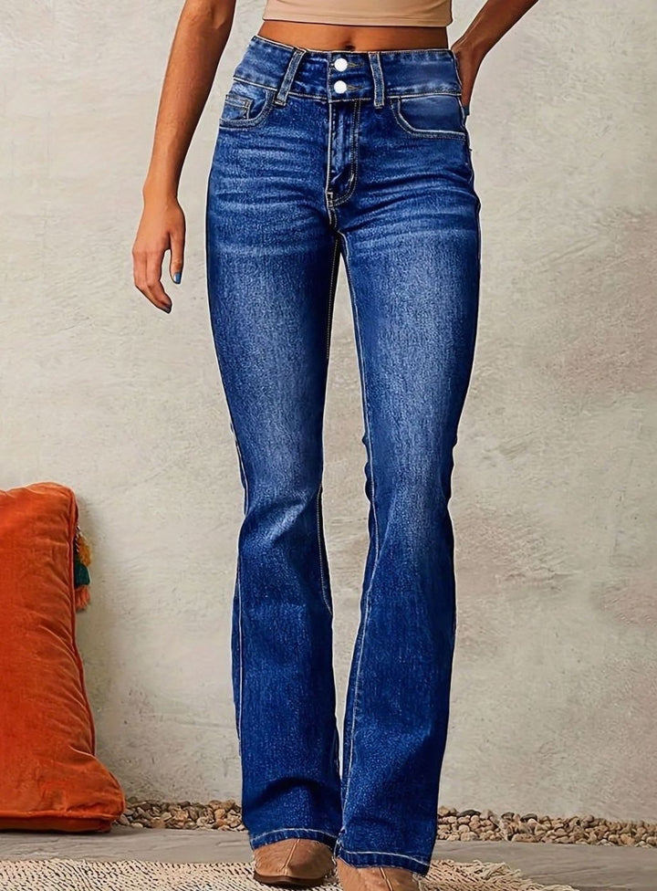 Women's High-Rise Flare Bootcut Pants Wide-Leg Denim Jeans - Dark Blue