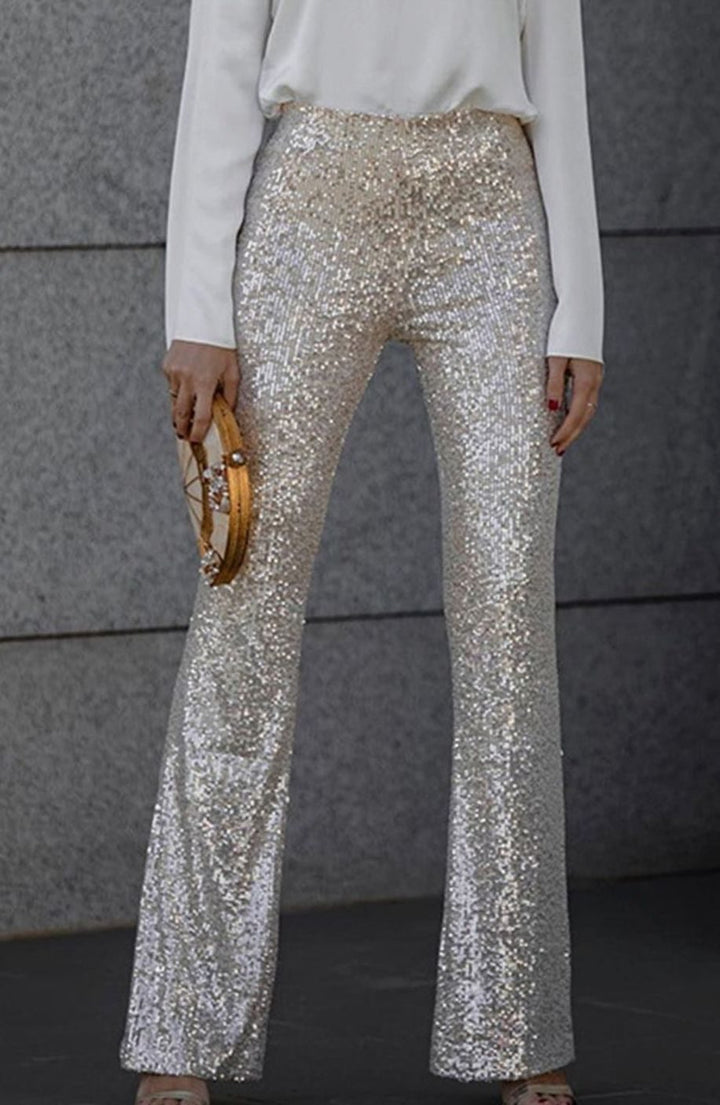 Women's High-Waist Flared Sequin Trousers Party Glam - Champagne