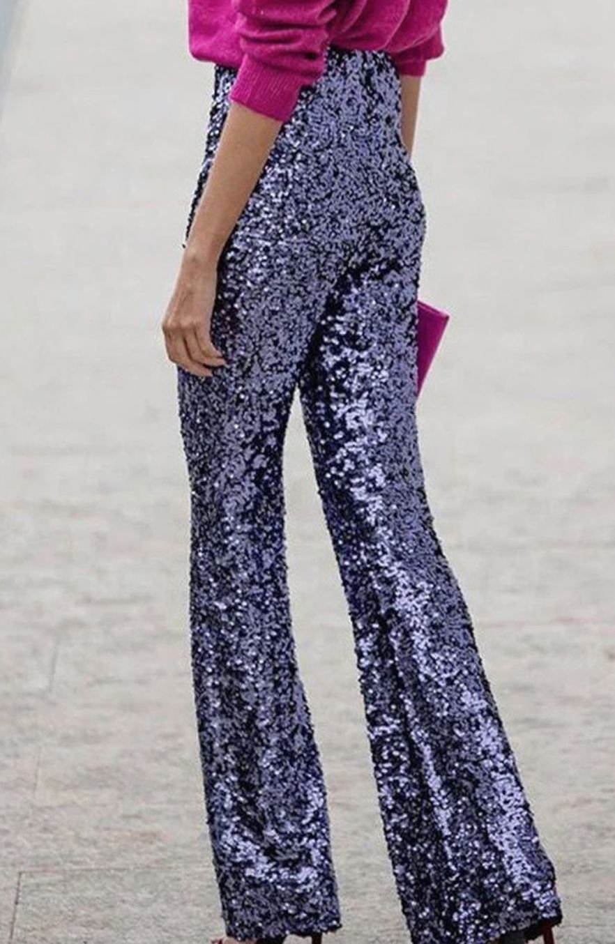 Women's High-Waist Flared Sequin Trousers Party Glam - Dark Blue