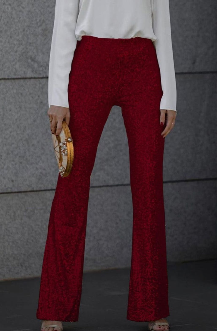 Women's High-Waist Flared Sequin Trousers Party Glam - Wine Red