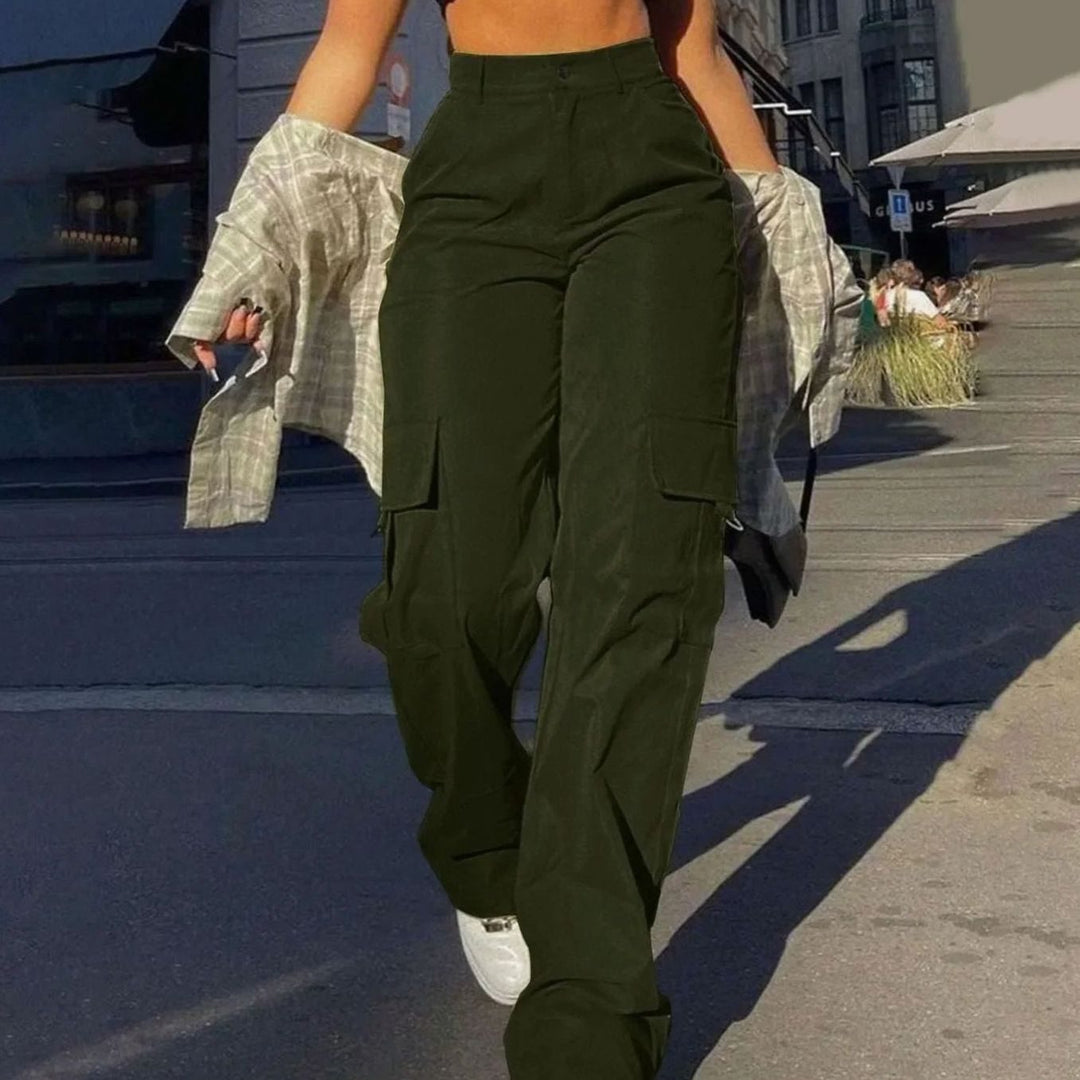 Women's High-Waist Wide-Leg Cargo Trousers Utility Pants - Army Green
