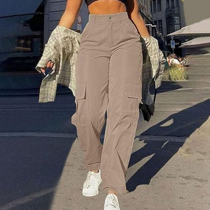 Women's High-Waist Wide-Leg Cargo Trousers Utility Pants - Khaki