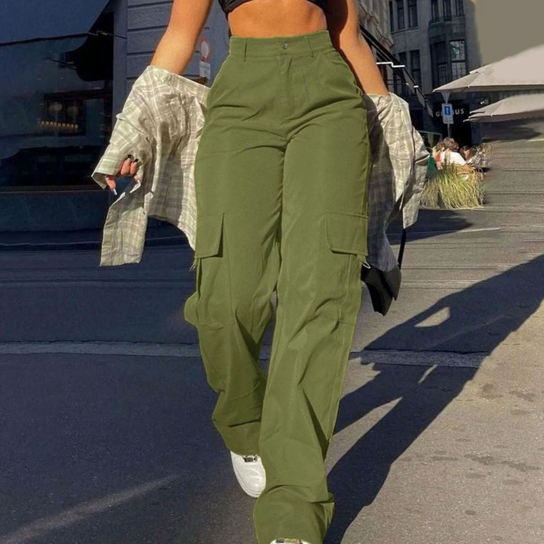 Women's High-Waist Wide-Leg Cargo Trousers Utility Pants - Green