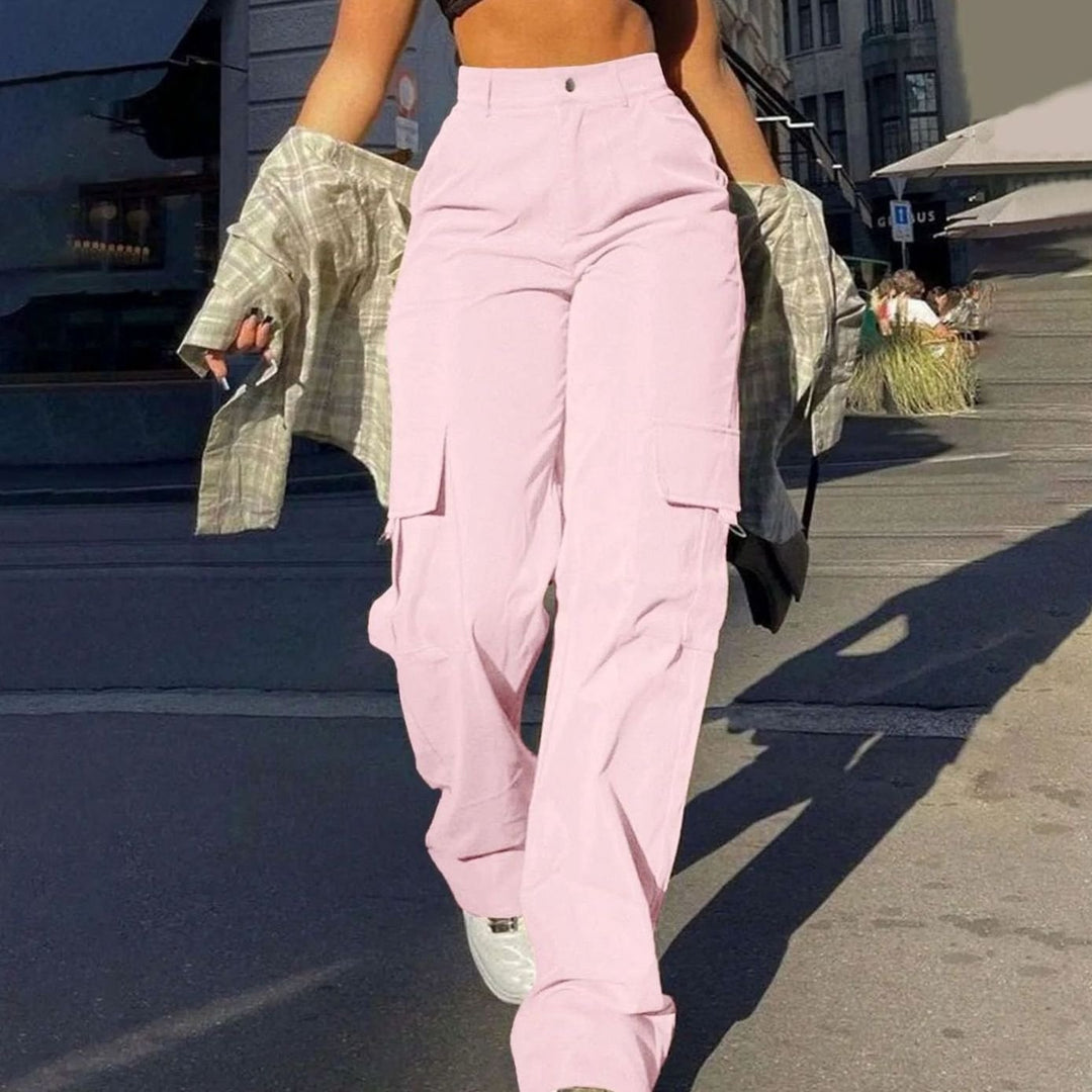 Women's High-Waist Wide-Leg Cargo Trousers Utility Pants - Pink