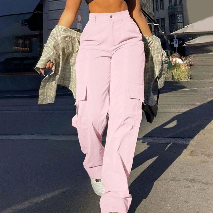 Women's High-Waist Wide-Leg Cargo Trousers Utility Pants - Pink