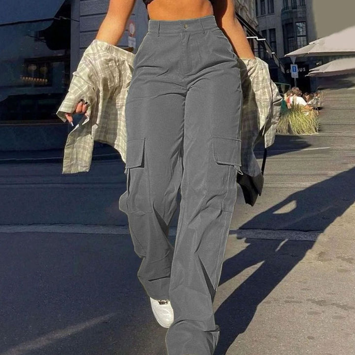 Women's High-Waist Wide-Leg Cargo Trousers Utility Pants - Gray