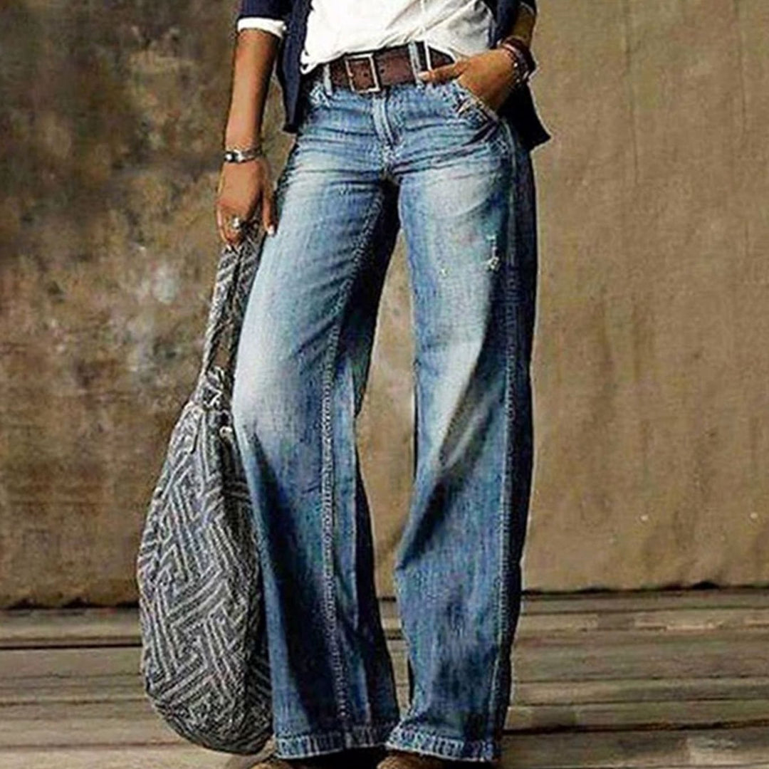 Women's High-Waist Wide-Leg Distressed Denim Jeans - Light Blue