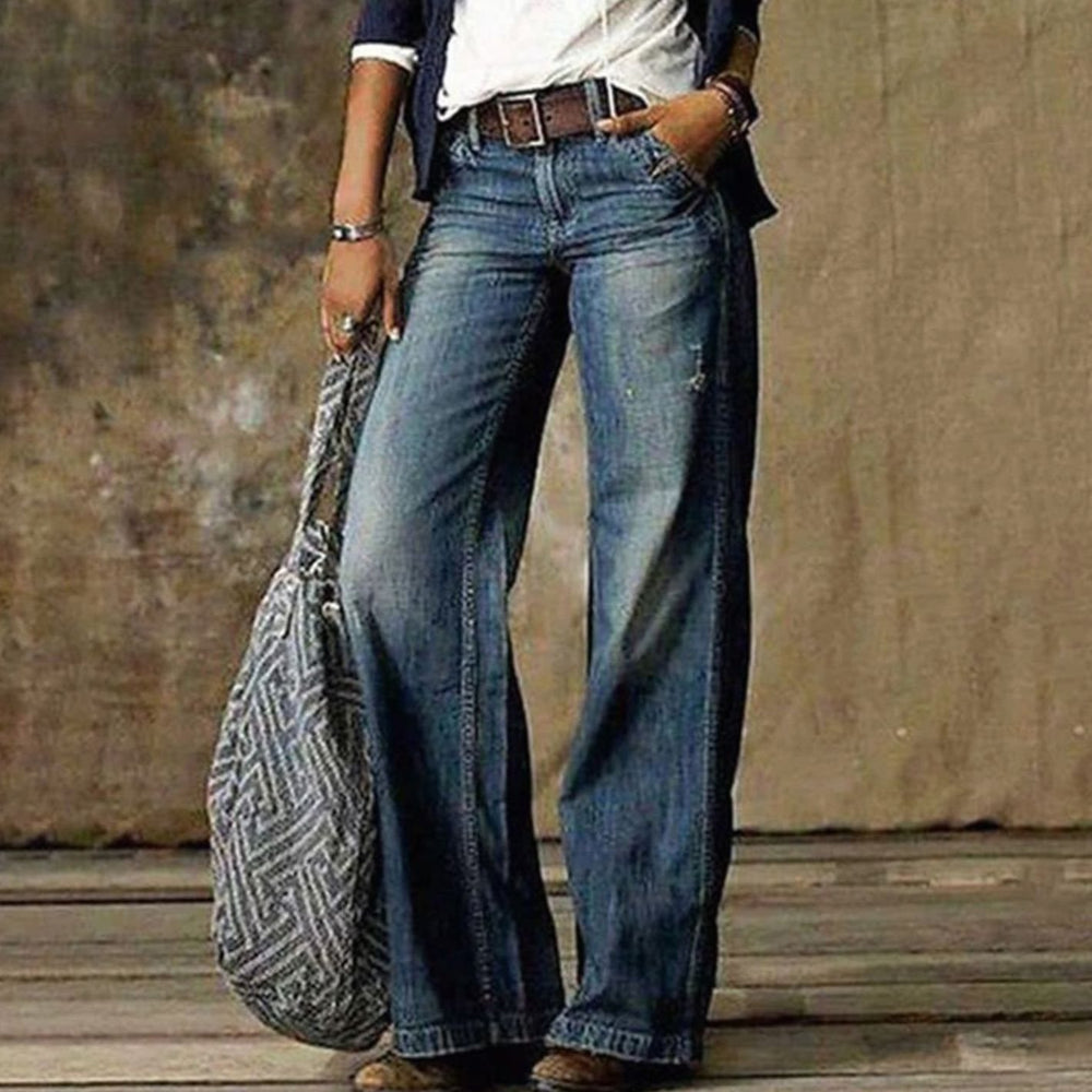Women's High-Waist Wide-Leg Distressed Denim Jeans - Blue