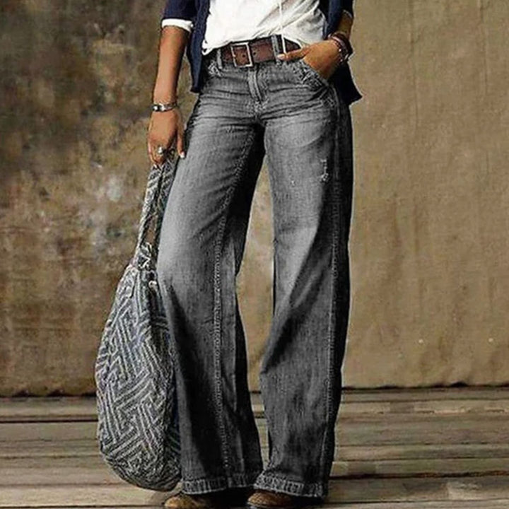 Women's High-Waist Wide-Leg Distressed Denim Jeans - Light Grey