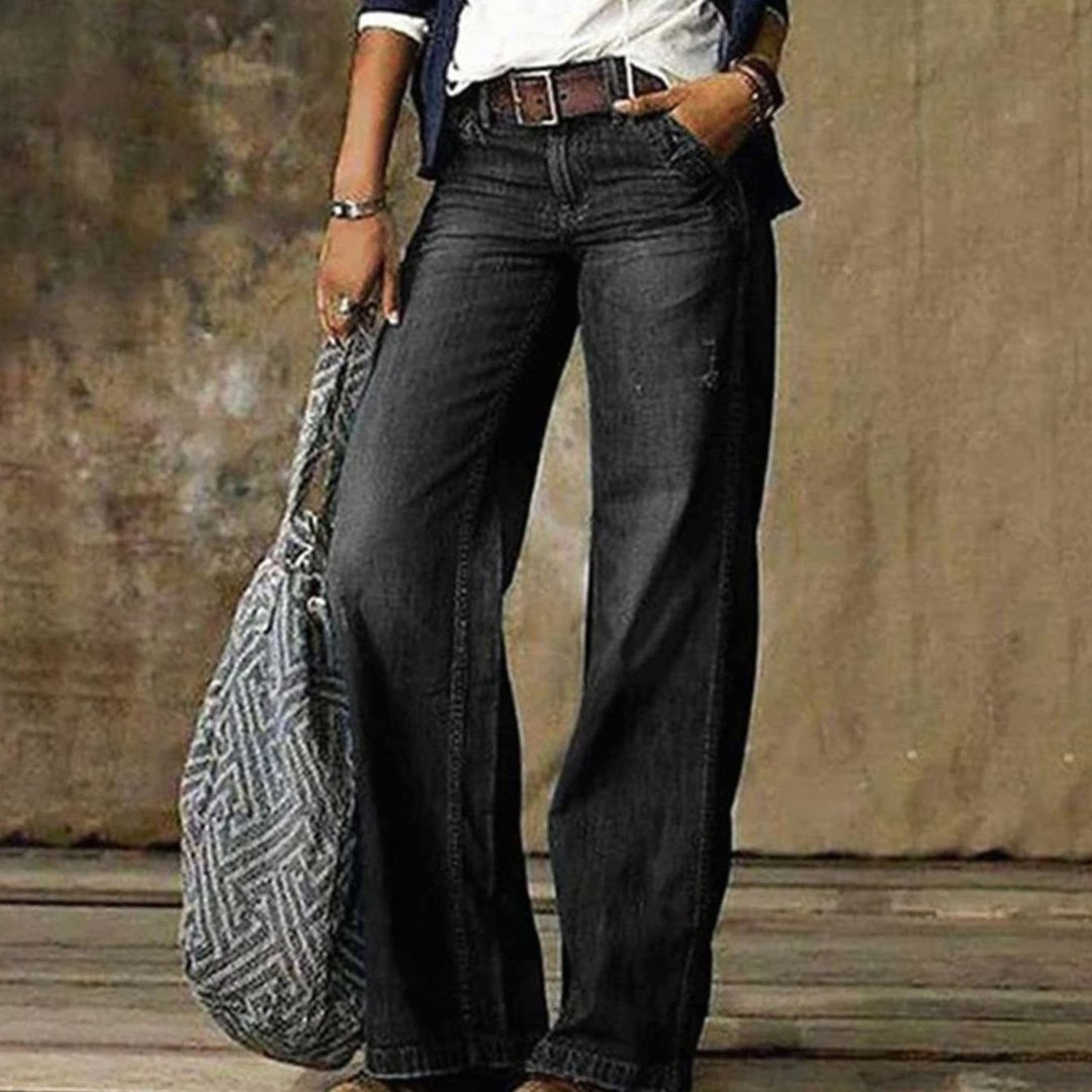 Women's High-Waist Wide-Leg Distressed Denim Jeans - Grey