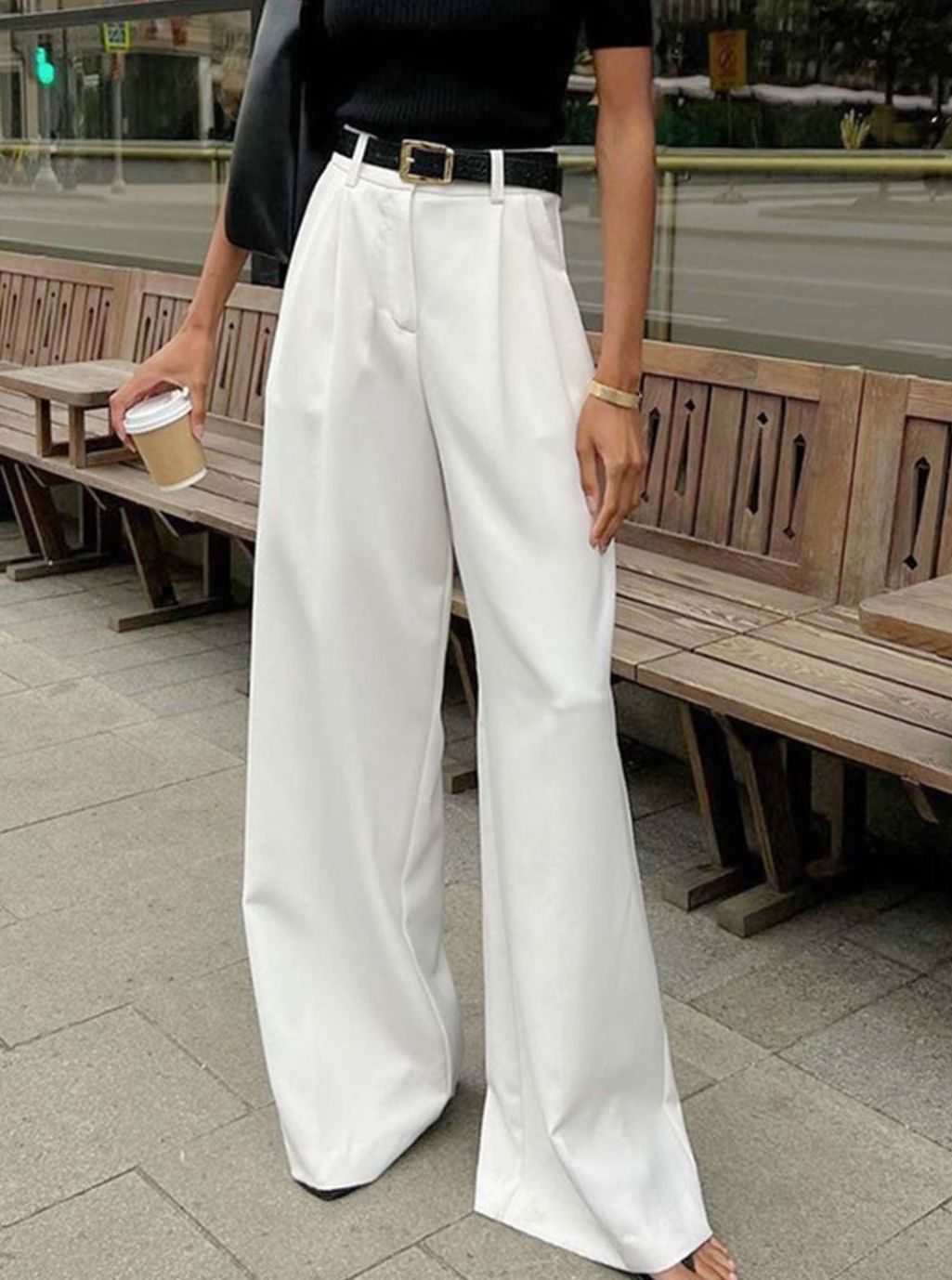 Women's High-Waist Wide-Leg Pleated Tailored Trousers - White