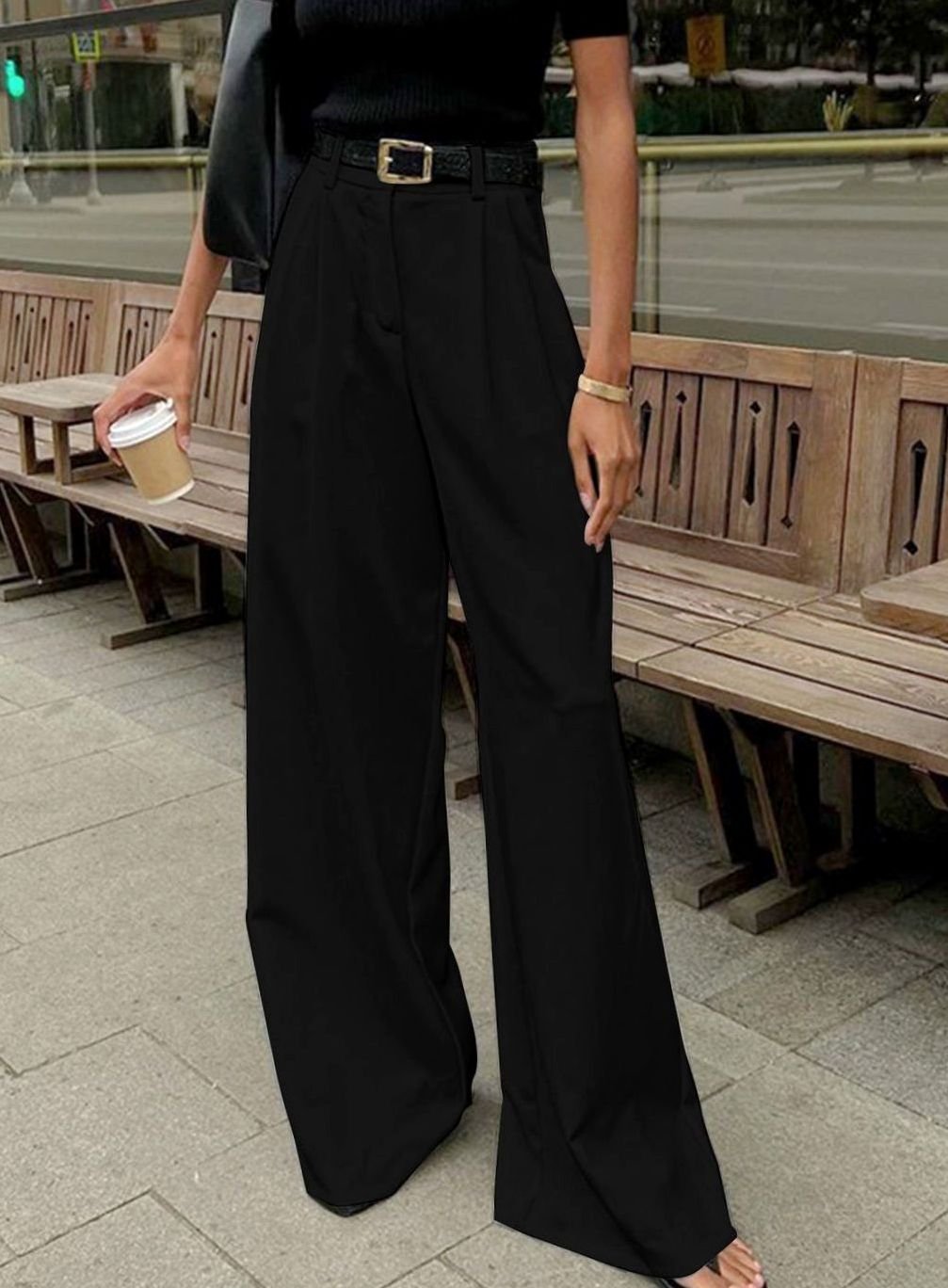 Women's High-Waist Wide-Leg Pleated Tailored Trousers - Black