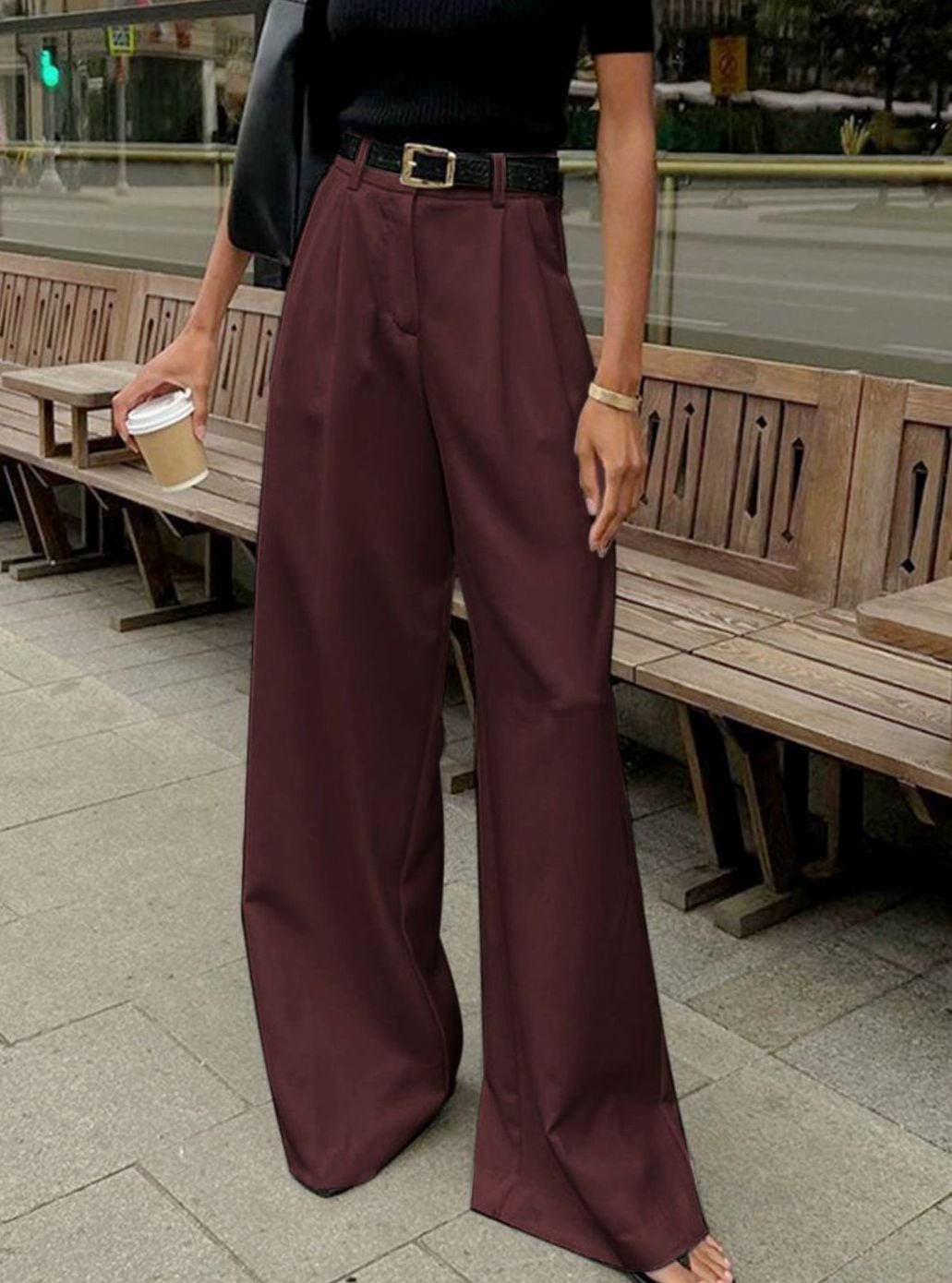 Women's High-Waist Wide-Leg Pleated Tailored Trousers - Burgundy