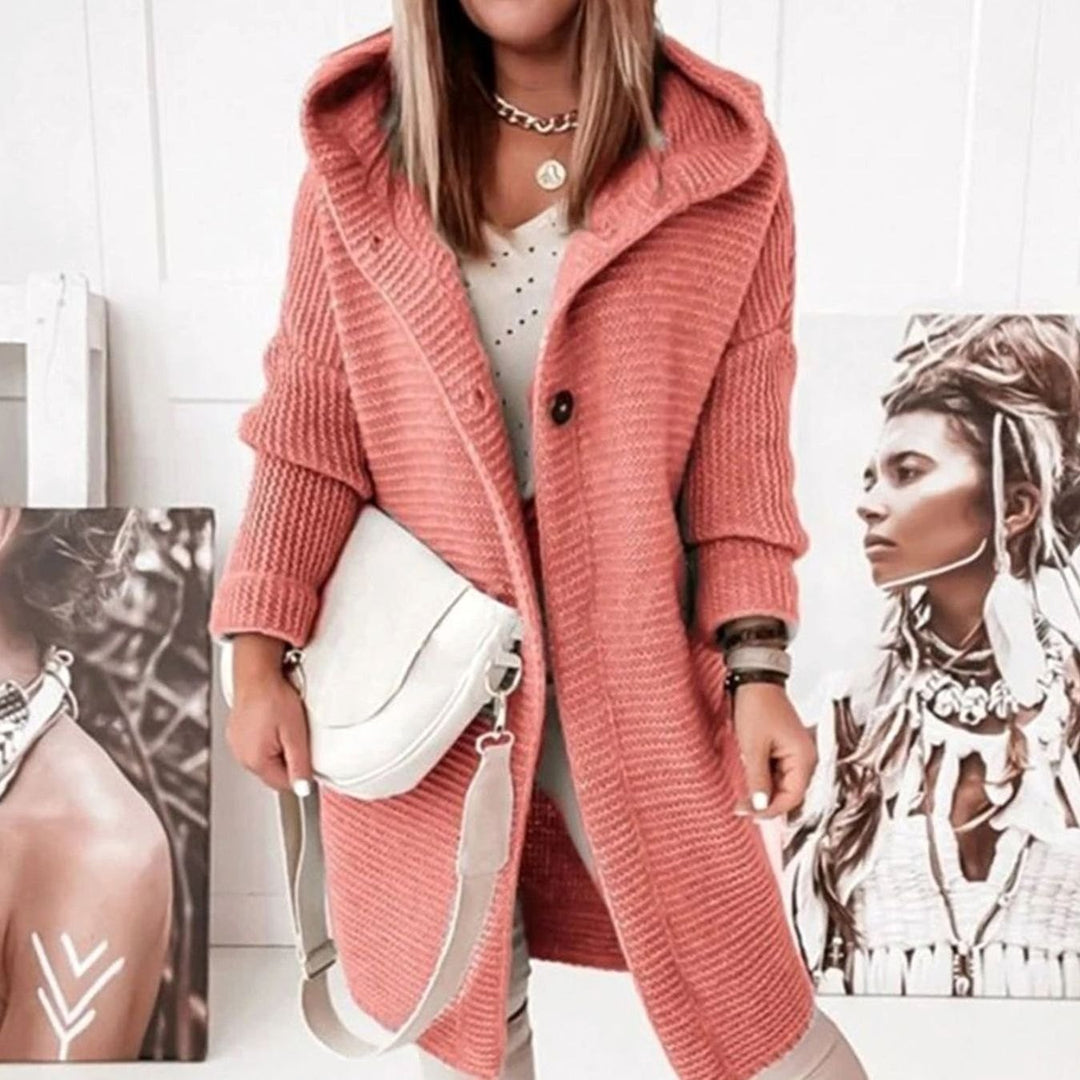 Women's Hooded Open-Front Textured Knit Winter Cardigan - Salmon Pink