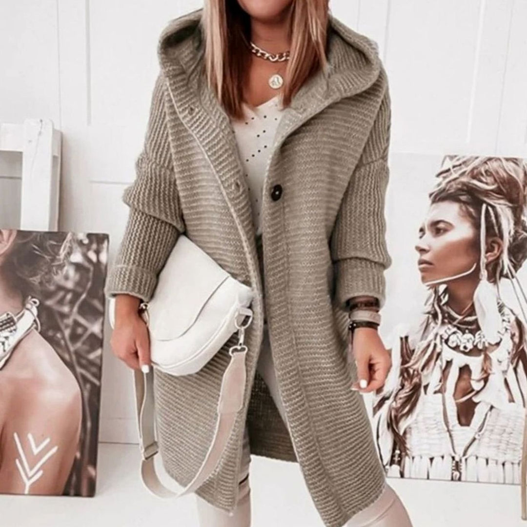 Women's Hooded Open-Front Textured Knit Winter Cardigan - Khaki