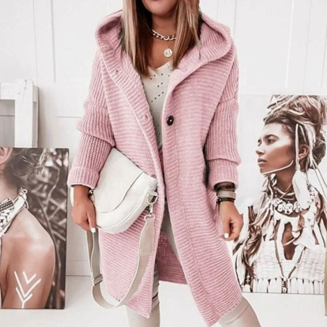 Women's Hooded Open-Front Textured Knit Winter Cardigan - Pink