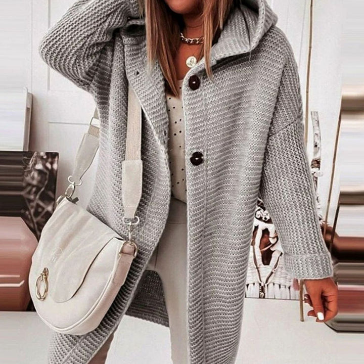 Women's Hooded Open-Front Textured Knit Winter Cardigan - Grey