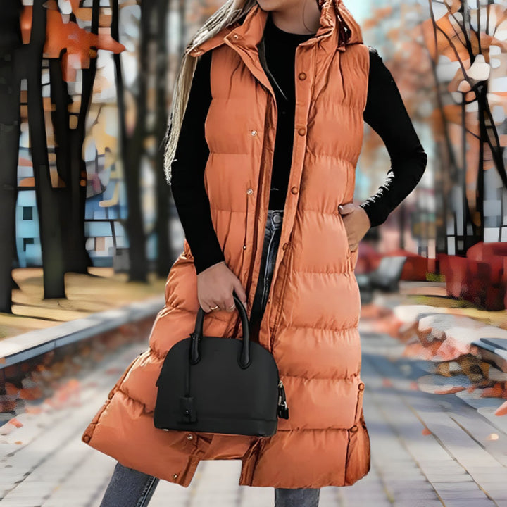 Women's Hooded Padded Sleeveless Long Coat Puffer Vest - Orange