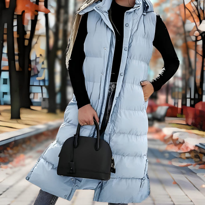 Women's Hooded Padded Sleeveless Long Coat Puffer Vest - Light Blue