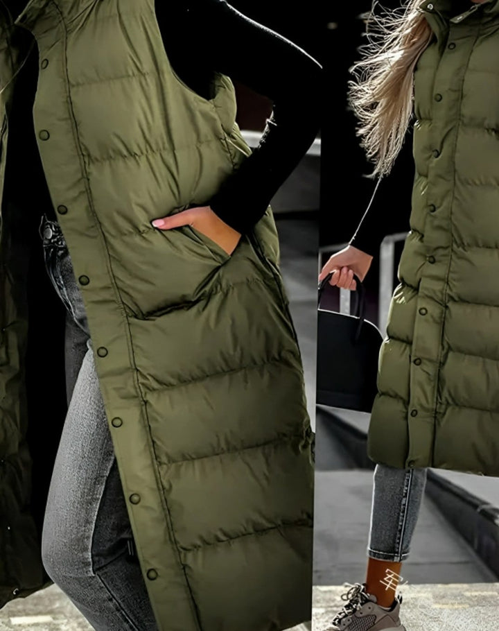Women's Hooded Padded Sleeveless Long Coat Puffer Vest - Army Green