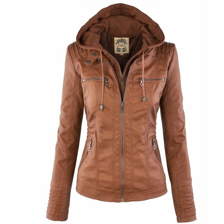 Women's Hooded Removable-Hood Faux Leather Moto Jacket - Brown