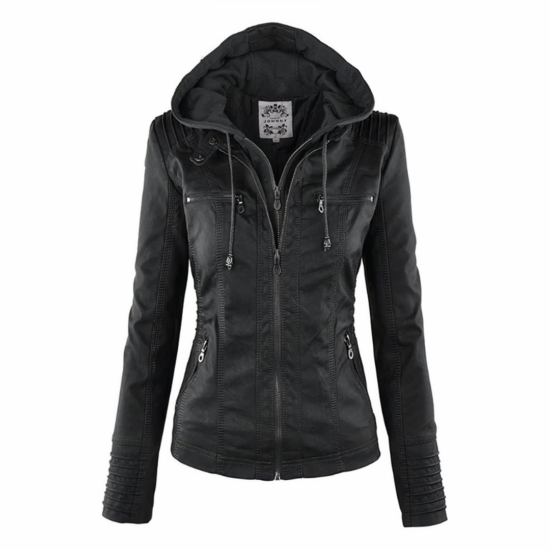 Women's Hooded Removable-Hood Faux Leather Moto Jacket - Black