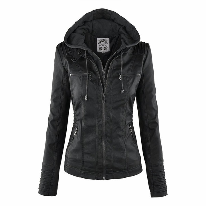 Women's Hooded Removable-Hood Faux Leather Moto Jacket - Black