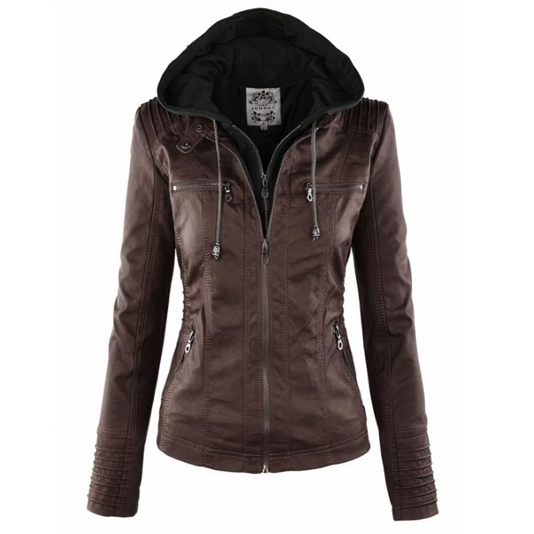 Women's Hooded Removable-Hood Faux Leather Moto Jacket - Dark Brown