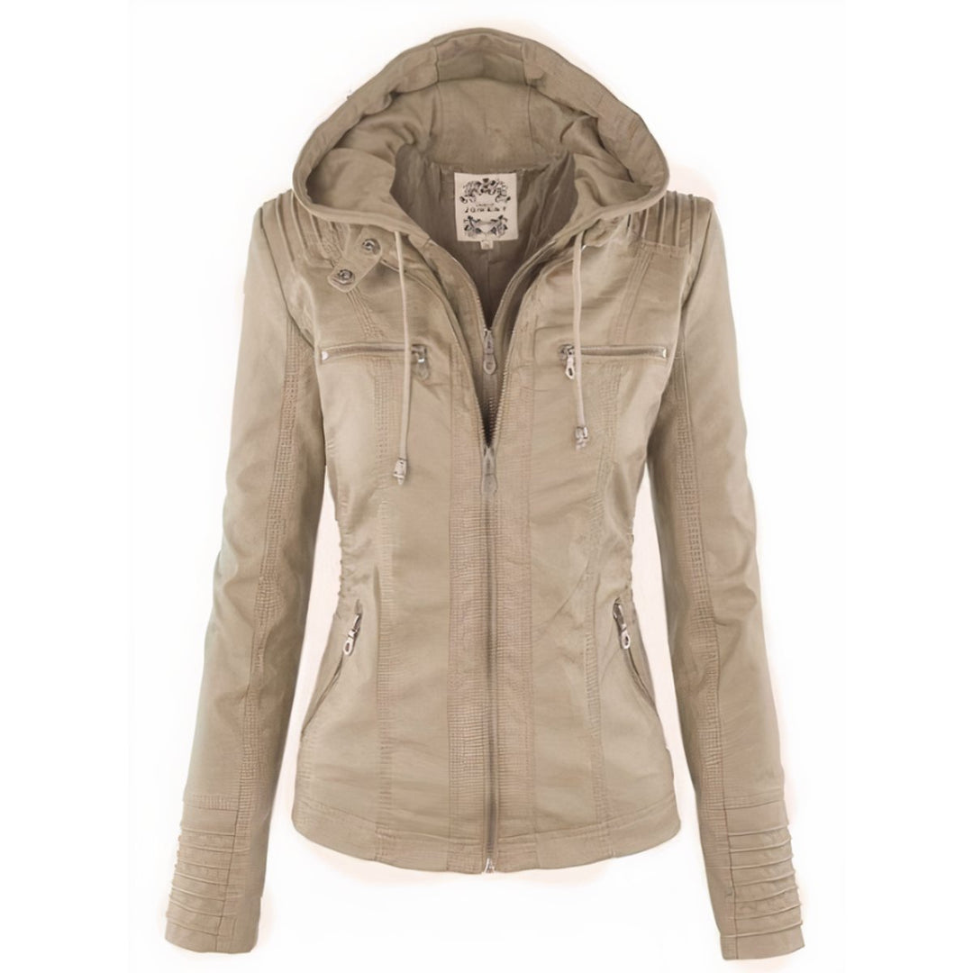 Women's Hooded Removable-Hood Faux Leather Moto Jacket - Beige