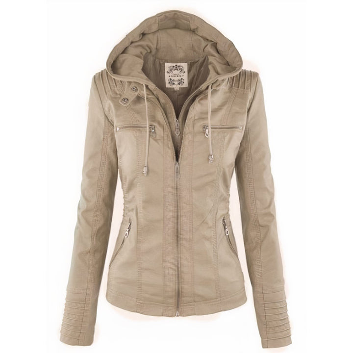 Women's Hooded Removable-Hood Faux Leather Moto Jacket - Beige