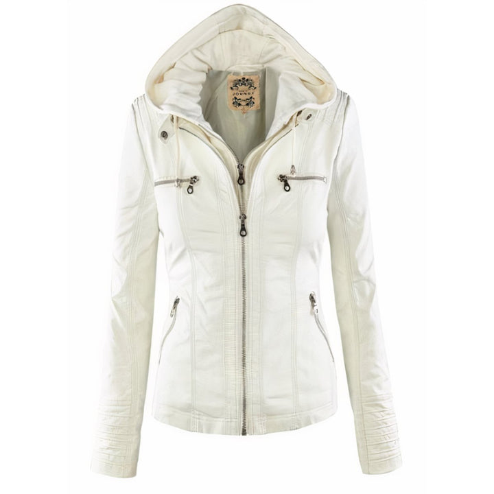 Women's Hooded Removable-Hood Faux Leather Moto Jacket - White