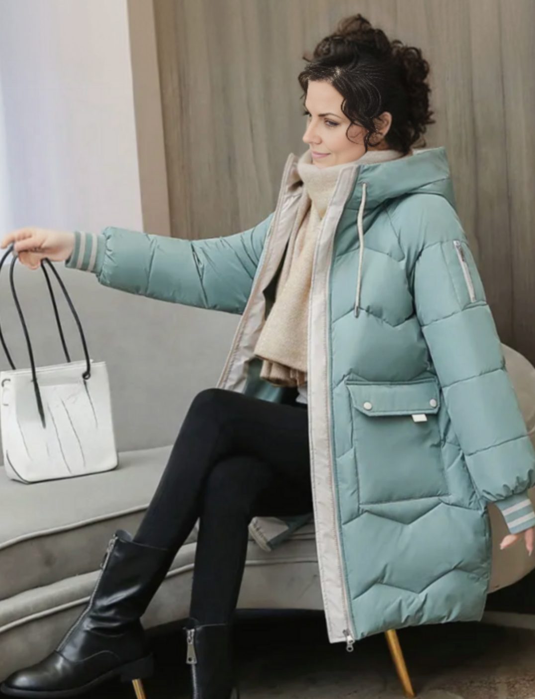 Women's Insulated Down Mid-Length Hooded Winter Coat - Light Green