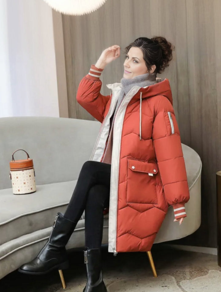 Women's Insulated Down Mid-Length Hooded Winter Coat - Red