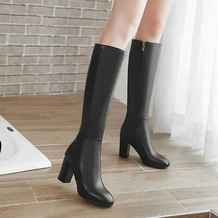 Women's Knee-High Block Heeled Boots Side-Zip Tall Shaft