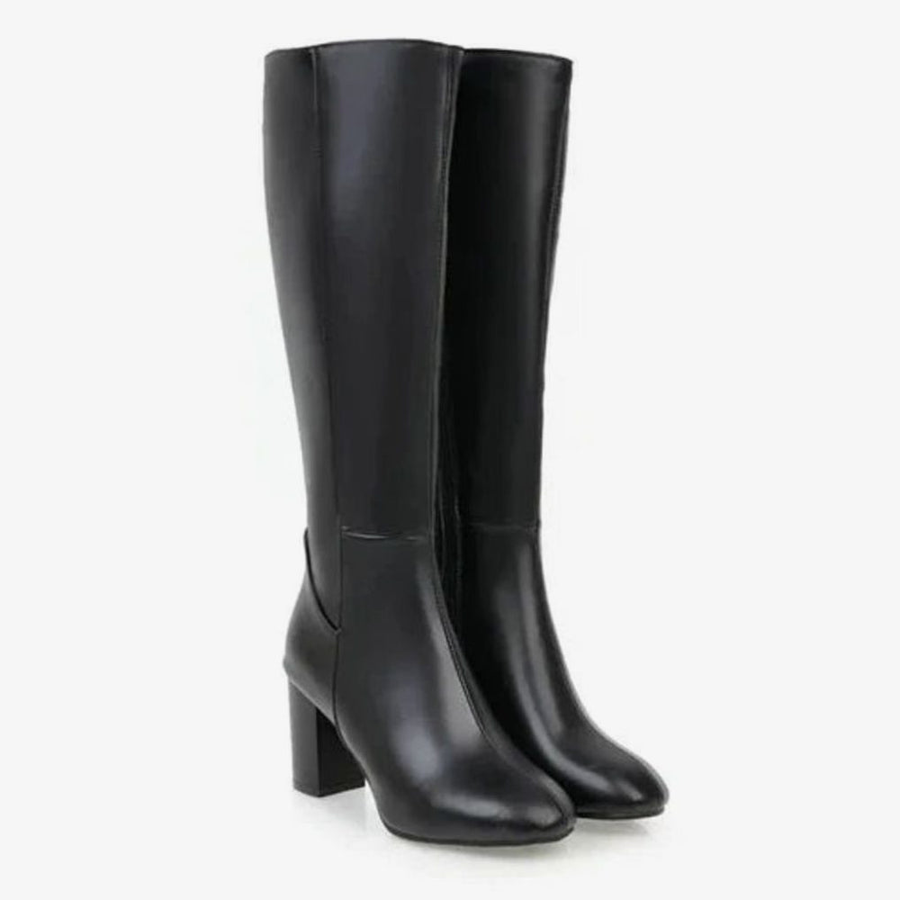 Women's Knee-High Block Heeled Boots Side-Zip Tall Shaft - Black