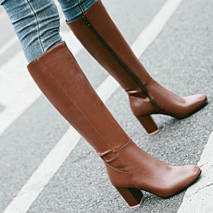 Women's Knee-High Block Heeled Boots Side-Zip Tall Shaft