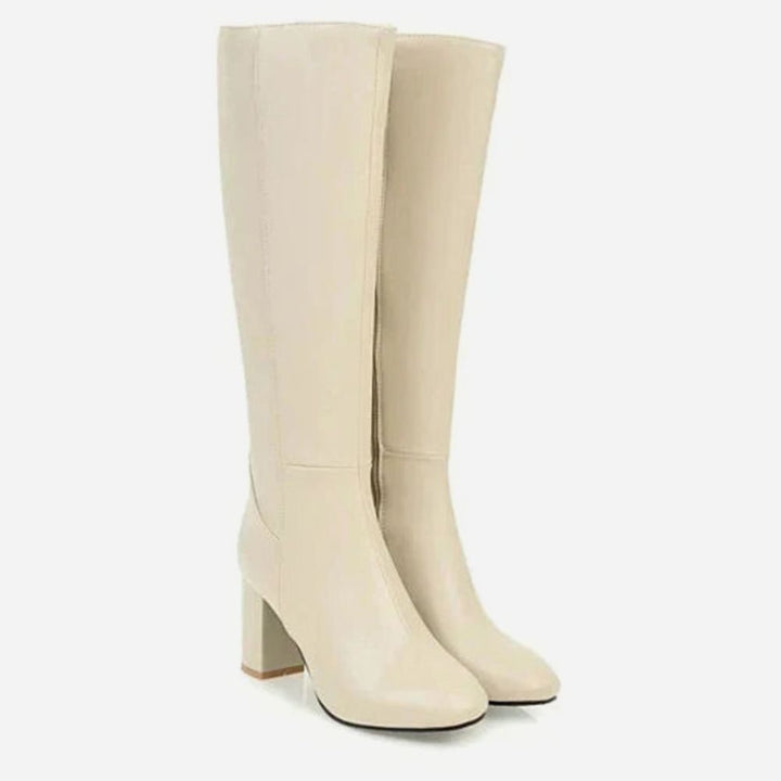 Women's Knee-High Block Heeled Boots Side-Zip Tall Shaft - White