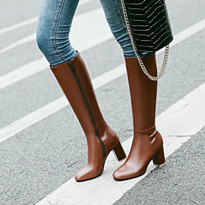 Women's Knee-High Block Heeled Boots Side-Zip Tall Shaft