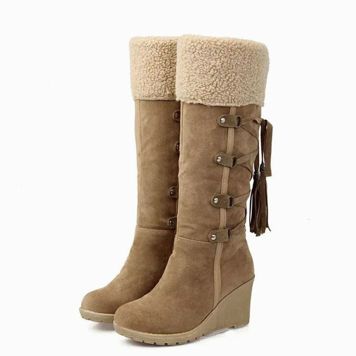 Women's Knee-High Faux-Fur Cuff Tassel Wedge Winter Boots - Brown