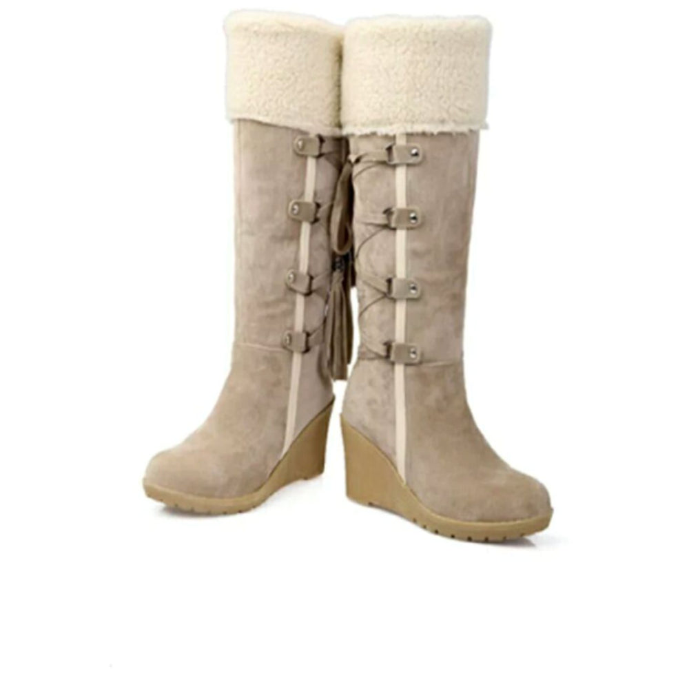 Women's Knee-High Faux-Fur Cuff Tassel Wedge Winter Boots