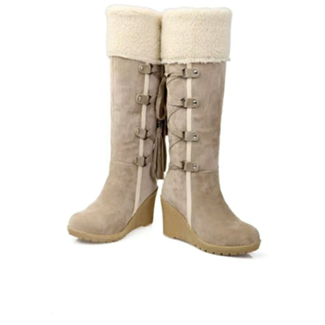 Women's Knee-High Faux-Fur Cuff Tassel Wedge Winter Boots