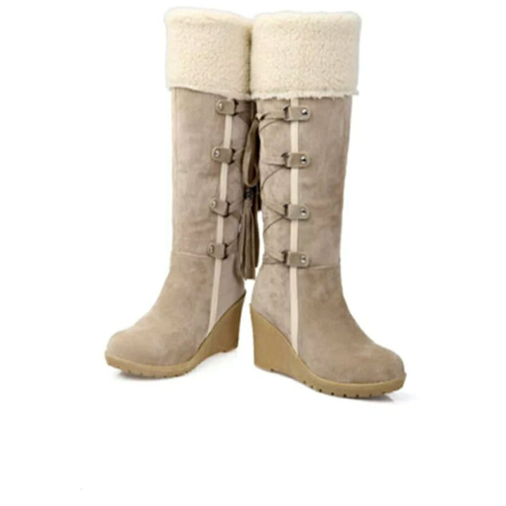 Women's Knee-High Faux-Fur Cuff Tassel Wedge Winter Boots