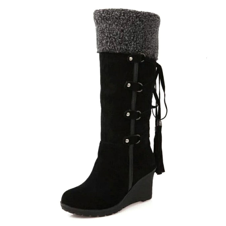 Women's Knee-High Faux-Fur Cuff Tassel Wedge Winter Boots - Black