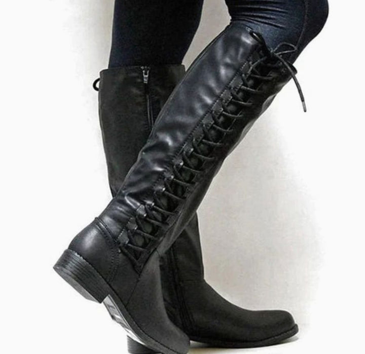 Women's Knee-High Lace-Up Side-Zip Flat Riding High Boots - Black