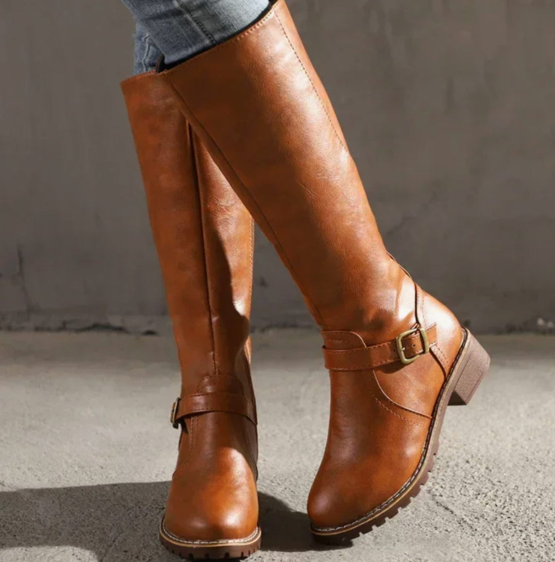 Women's Knee-High Leather Boots Buckle-Strap Block Heel Riding - Brown